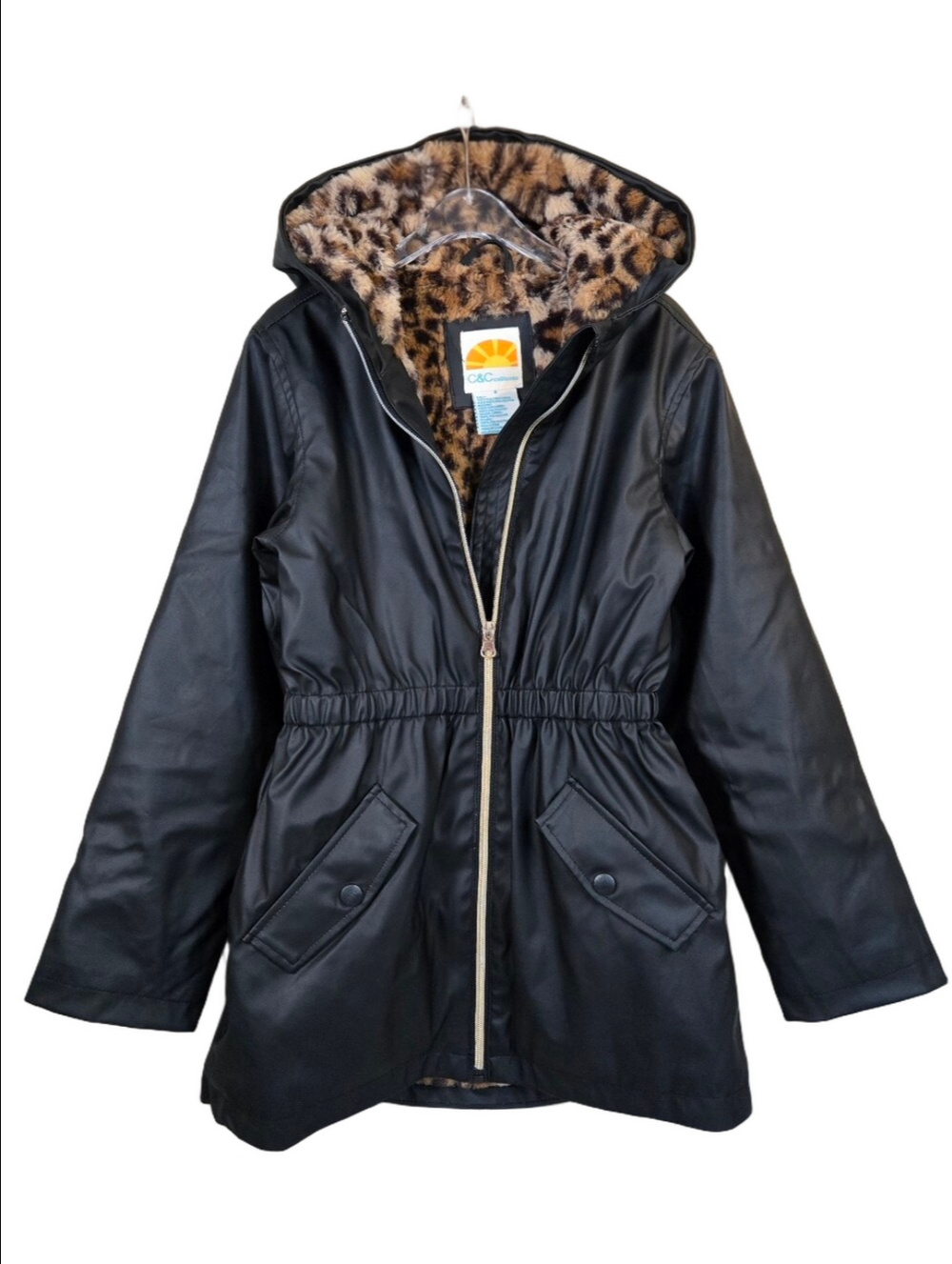 C&C California Girls Black Faux Fur Leopard Lined Raincoat, Size 8 ~ EUC